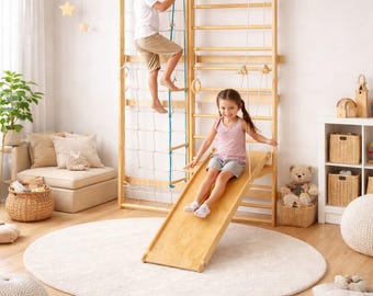 Wooden Wall Gym, Montessori Climber, Indoor Playground with Slide, Toddler Climbing Set