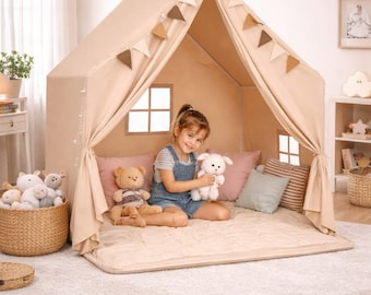 Kids Play Tent with Mat & Lights, Indoor Teepee Playhouse, Large Toddler Tent, Montessori Play Tent, Reading Tent, Kids Room Playhouse