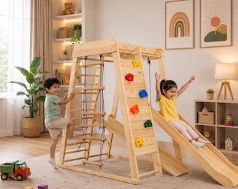 Montessori Wooden Indoor Playground Climber, Toddler Jungle Gym with Slide, Monkey Bars, Swedish Ladder