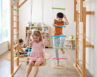 Foldable Indoor Jungle Gym – Montessori Climbing Wall with Slide and Swing