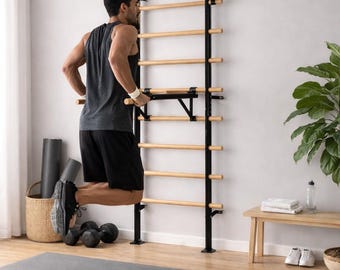 Wooden Swedish Ladder Stall Bar | 9 Rung Home Gym Climbing Frame, Pull-Up Dip Bar