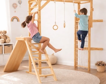 Foldable Indoor Jungle Gym – Montessori Climbing Wall with Slide and Swing