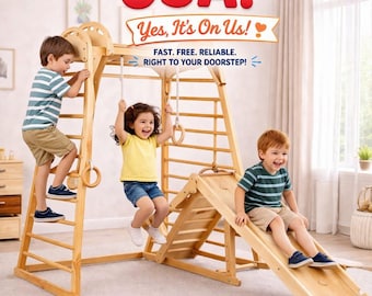 Montessori Wooden Climbing Triangle Set with Slide, Rings, Ladder Toddler Gym