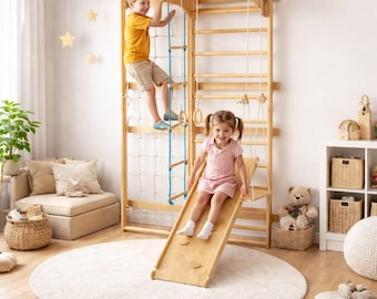 Wooden Wall Gym, Montessori Climber, Indoor Playground with Slide, Toddler Climbing Set
