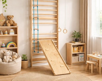 Wooden Swedish Ladder Wall Gym, 5-in-1 Kids Indoor Playground, Montessori Climbing Wall