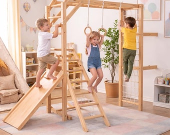 Foldable Indoor Jungle Gym – Montessori Climbing Wall with Slide and Swing