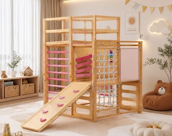 Montessori Wooden Play Gym with Slide, Rock Wall, Monkey Bars, Toddler Climber