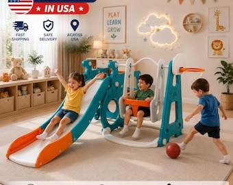 5-in-1 Toddler Climber Playset, Indoor Slide Swing Basketball Playhouse