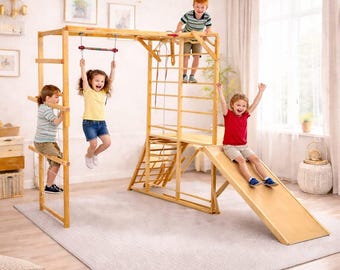 Wooden Montessori Climbing Frame with Slide, Indoor Play Gym for Toddlers