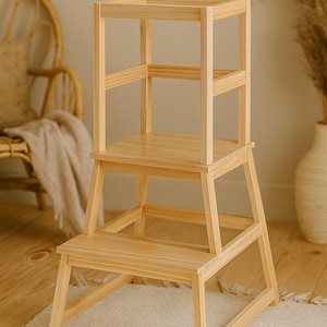 3-in-1 Montessori  Helper Tower | Wooden Toddler Step Stool | Solid Wood Foldable Stool for Kids & Adults| kids kitchen tower |Toddler Stool