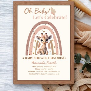 Oh Baby Mädchen Giraffe Babyparty-Einladung | Bearbeitbare Vorlage | Safari Regenbogen Thema | Digitaler Download