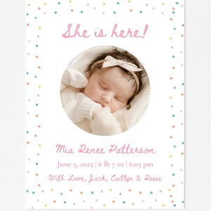 The Mia Birth Announcement | Colorful Polka Dots Birth Announcement Template | Editable Baby Stats Card | Minimal Modern Newborn Printable