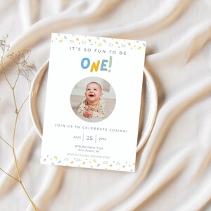 Fun to Be One Birthday Invitation | Colorful First Birthday Invite | Editable Template and Personalized Photo | Instant Digital Download