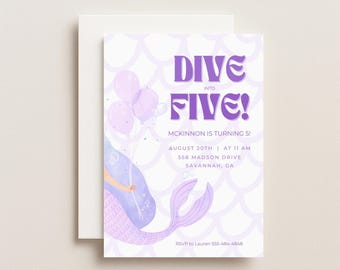 Dive into Five, Mermaid 5th Birthday Invitation: Purple Under the Sea Party (Digital Download)