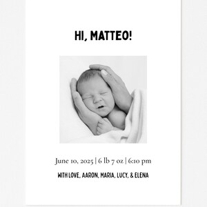 The Matteo Birth Announcement | Minimal Birth Announcement Template | Personalized Newborn | Editable Download | Modern Welcome Baby Card