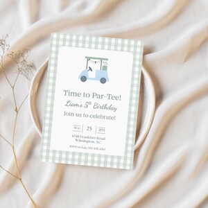 Golf Par-Tee Birthday Invitation | Boy's Birthday Party | Green Gingham Golf Cart Invite | Editable Printable | Golf Themed Party