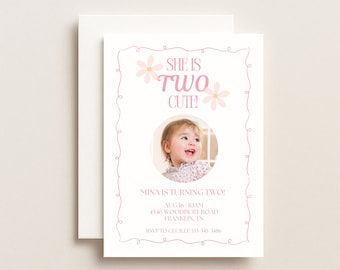 She is Two Cute Birthday Invitation | Second Birthday (Editable Canva Template)