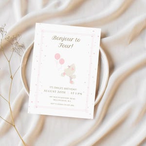 Bonjour to Four | Parisian 4th Birthday Invitation | Editable French Girl Birthday Card | Editable Girl Party Invite with Pink Poodle Theme