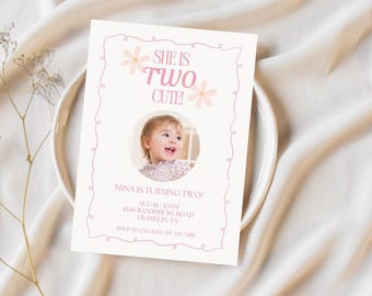 She Is Two Cute Birthday Invitation | 2nd Birthday Invite Girl | Pink Daisy Party Printable | Editable Canva Template | Instant Download