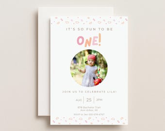 Fun to Be One Birthday Invitation, Pink Peach Photo Template (Digital Download)