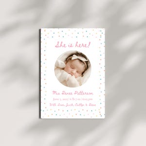 The Mia Birth Announcement | Colorful Polka Dots Birth Announcement Template | Editable Baby Stats Card | Minimal Modern Newborn Printable
