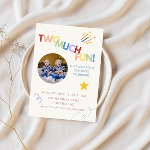 Two Much Fun Twin Birthday Invitation | Colorful 2nd Birthday Invite | Editable Twin Boys or Girls Party | Twins Are Two Invite