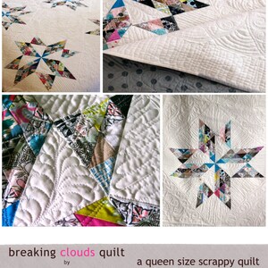 May include: A queen-sized scrappy quilt with a "breaking clouds quilt" design. The quilt is made of colorful fabric scraps and features a starburst pattern. The quilt is quilted with a leaf design.