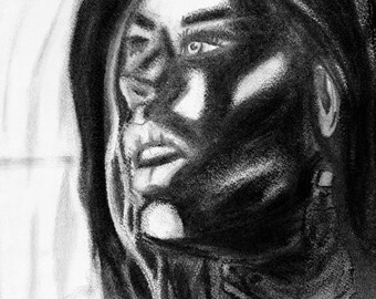Retrato original en carboncillo y grafito, enmarcado, 9x12, arte de pared en blanco y negro, oscuro, emotivo, íntimo, tensión, dibujo figurativo, decoración melancólica