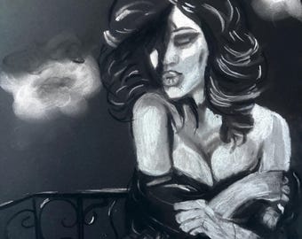 Moonlight Woman Original Chalk Artwork on Black Paper | Framed A4 Gothic Wall Art