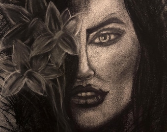 Retrato abstracto de mujer con flores a carboncillo • 9x12 enmarcado • Dibujo original