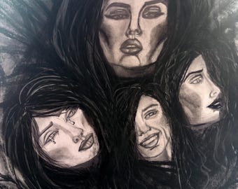 Charcoal Portrait Drawing A2 Framed – Emotional Faces Abstract – Black and White Original Wall Art