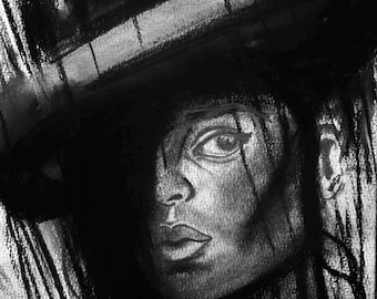 オリジナルの木炭画肖像画：帽子をかぶった女性、白黒の壁掛けアート