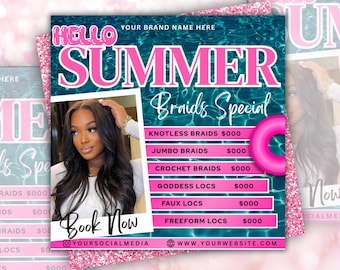 Summer Braid Sale Flyer, Summer Sale Flyer, Braid Prices Flyer, Braids Sale Flyer, Hair Flyer, Lashes Flyer, Braids Special Flyer Template