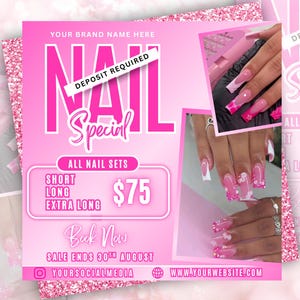 May include: A pink promotional graphic for a nail salon. The text "NAIL Special" is prominently displayed, along with "All Nail Sets" and "Book Now." The image includes photos of manicured nails and the text "Sale Ends 30th August."