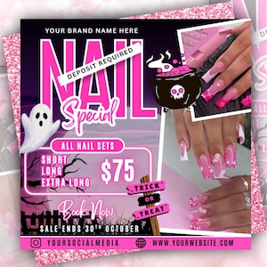May include: A pink and black promotional graphic for a nail salon. The text "NAIL Special" is prominent, with additional text indicating "All Nail Sets" and "Book Now". The image includes a witch's cauldron, a ghost, and a nail design.