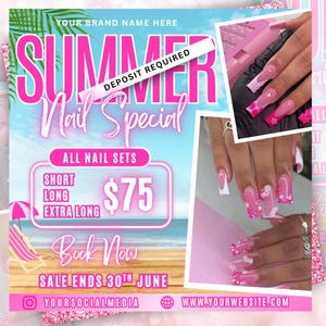 Summer Nail Sale Flyer, Summer Sale Flyer, Braids Sale Flyer, Haar Flyer, Wimpern Flyer, Juni-Buchung, Social Media, bearbeitbare Canva-Vorlage