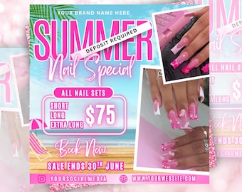 Summer Nail Sale Flyer, Summer Sale Flyer, Braids Sale Flyer, Hair Flyer, Lashes Flyer,June booking ,Social Media , Editable Canva Template