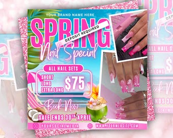 Folleto especial "Uñas de primavera", plantilla de Canva (descarga digital)