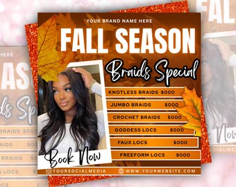 Fall Szn braids Flyer,Fall Bookings Flyer, Fall Hair Specials Flyer, Fall Season Braid Flyer, Braid Sale Flyer, Braids special Flyer,  Canva