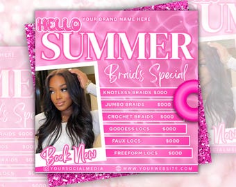 Summer Braid Sale Flyer, Summer Sale Flyer, Braid Prices Flyer, Braids Sale Flyer, Hair Flyer, Lashes Flyer, Braids Special Flyer Template