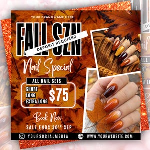 May include: Fall nail special advertisement with autumn-themed colors. The image features a nail design with shades of brown, orange, and yellow. The text includes "Fall SZN", "Nail Special", and "Book Now". The sale ends September 30th.