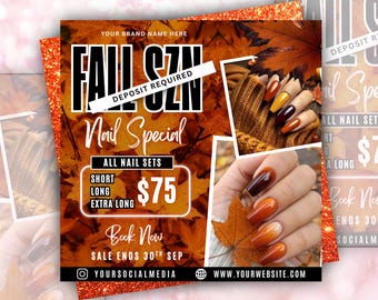 May include: Fall nail special advertisement with autumn-themed colors. The image features a nail design with shades of brown, orange, and yellow. The text includes "Fall SZN", "Nail Special", and "Book Now". The sale ends September 30th.