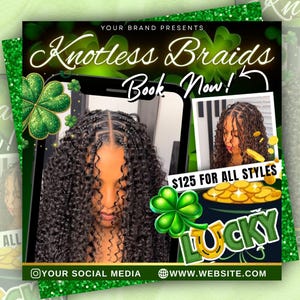 March knotless Braid Booking Flyer, Lucky Charm, Hair Special (Editable Canva Template)