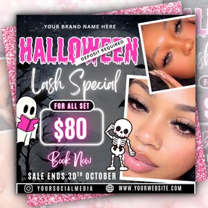 May include: A digital flyer for a Halloween lash special featuring pink text that reads HALLOWEEN, Lash Special, $80, and Book Now. The design includes a ghost reading a book, a skeleton, and two photographs of eyes with long eyelashes.