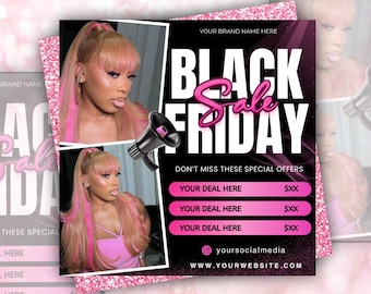 Puede incluir: Anuncio de rebajas del Black Friday con una mujer con cabello rubio y mechas rosas. El folleto tiene un esquema de color negro y rosa con las palabras "BLACK FRIDAY SALE" en letras grandes y en negrita. Incluye el sitio web y las redes sociales.