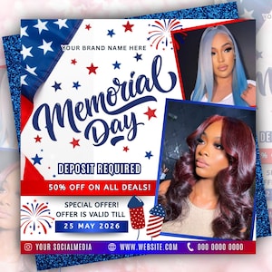 May include: A Memorial Day promotional graphic with a patriotic theme. The design features the text "Memorial Day" in a stylized font, along with red and blue stars, and fireworks. The graphic includes two images of women and the text "Deposit Required" and "50% Off On All Deals!"