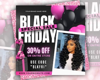 Puede incluir: Anuncio de venta especial de Black Friday con foto de mujer, globos rosas y negros y cajas de regalo. El texto incluye "30% DE DESCUENTO" y un código de descuento. El fondo es negro con purpurina rosa.