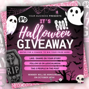 May include: A Halloween giveaway announcement in black and pink. The text reads "It's Halloween Giveaway" with ghost and bat illustrations. The image includes instructions to enter the giveaway.