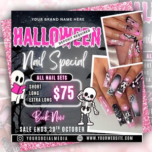 May include: Halloween nail special advertisement with pink and black accents. The image features a spooky theme with illustrations of ghosts and skeletons. The text includes "Halloween Nail Special" and "All Nail Sets".