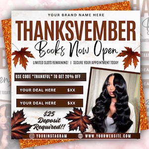 May include: A promotional graphic with the text "THANKSVEMBER Books Now Open" in brown and white. It includes a photo of a woman with long, wavy black hair. The graphic also features autumn leaves and a discount code.